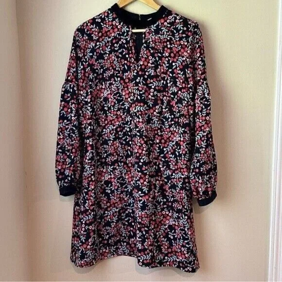 Loft Floral Berry Women’s Dress Size M Velvet Trim Keyhole Cut Out Long Sleeve - Picture 2 of 9